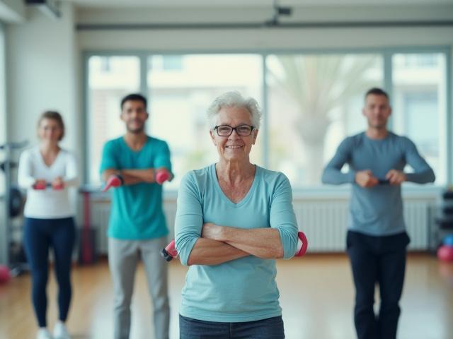Adultos mayores realizando ejercicios de fuerza con ligas de resistencia, sonriendo y con buena postura.