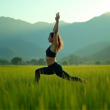 Mujer sonriente haciendo yoga al aire libre en un prado verde rodeada de montañas