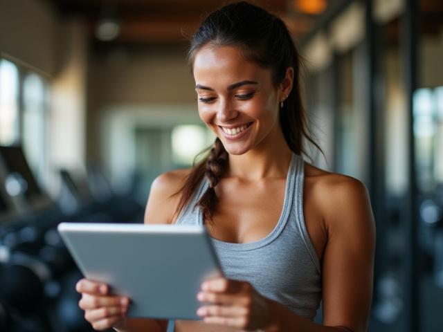 Persona sonriente consultando un plan de entrenamieto personalizado en una tableta