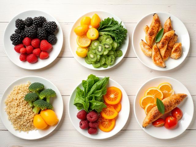 Platos coloridos y saludables con frutas, vegetales, y proteínas, simbolizando una nutrición equilibrada.